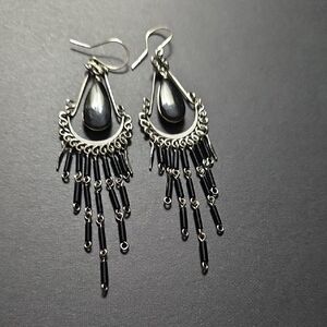 Silver Tone and Black Dangle Earrings